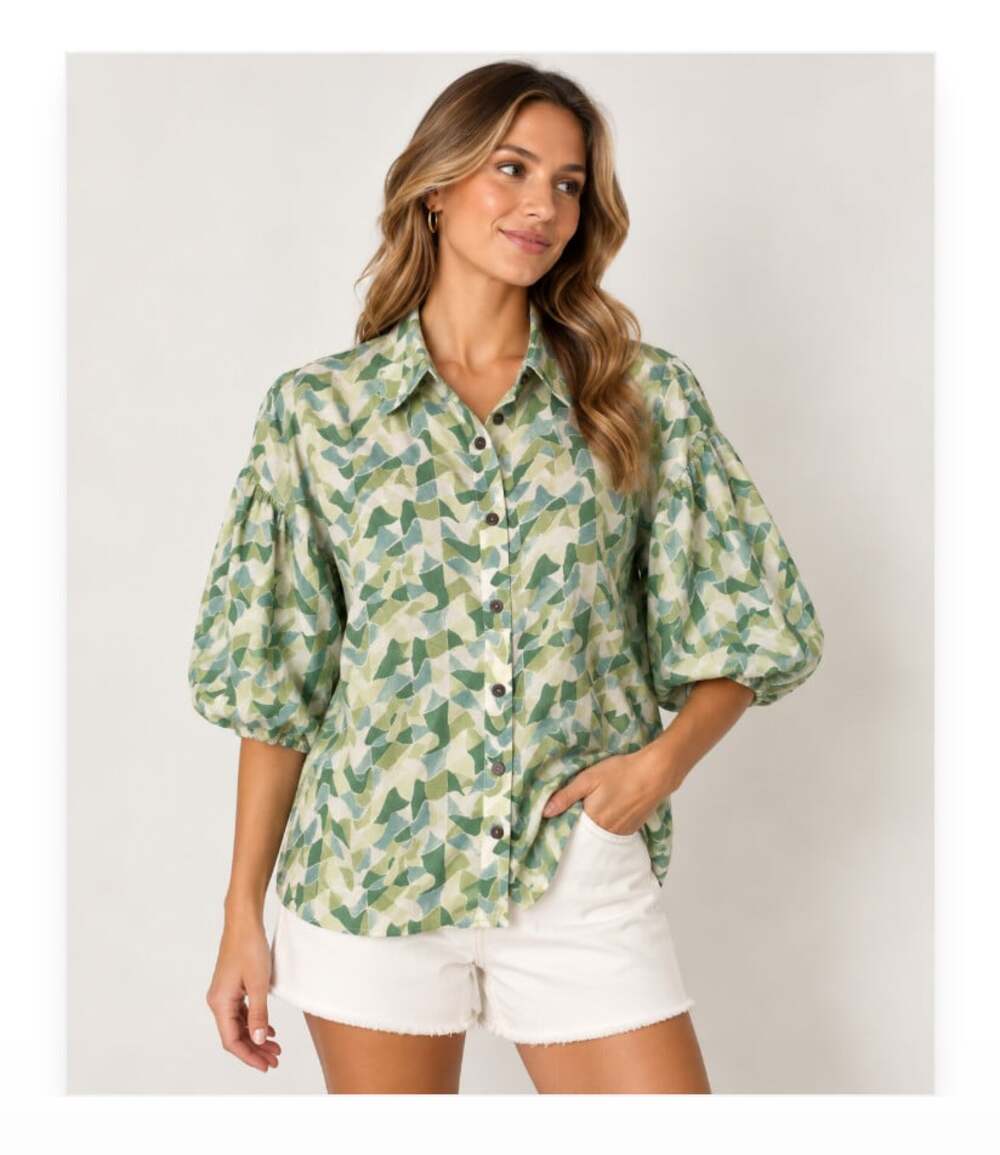 Entro Blouse Womens Large Green Geometric Collared Button Balloon Sleeve Top